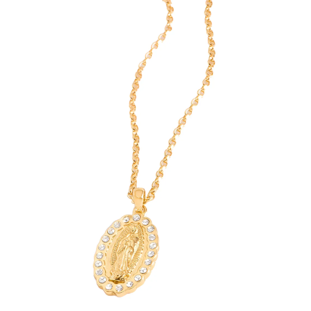 Collar medalla calada con Virgen de Guadalupe y piedras alrededor