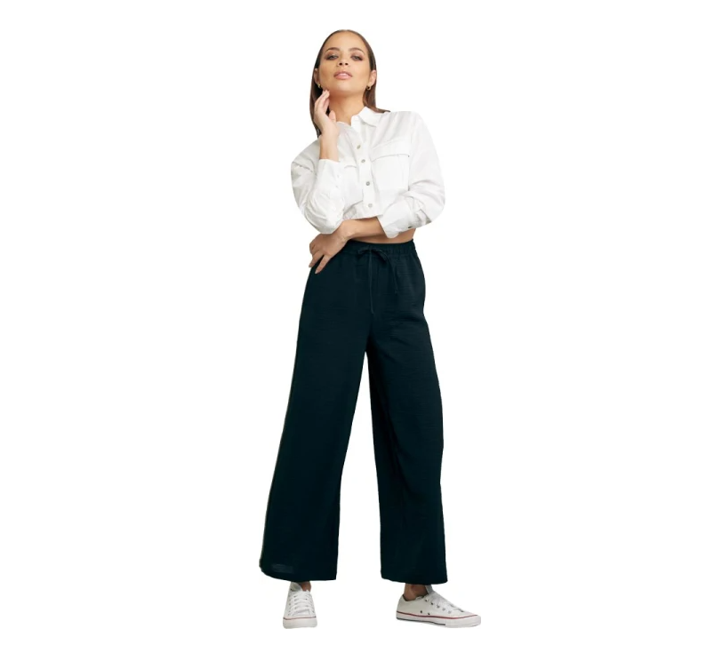 Pantalón Negro de Pierna Ancha con Cintura Elástica – Estilo Palazzo/Wide Leg Casual y Cómodo