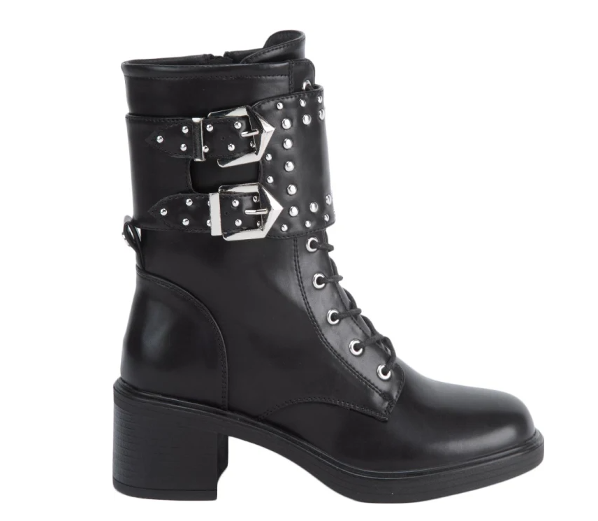 Botas de Combate Negras con Hebillas y Estoperoles – Estilo Rockero y Gótico para Mujer