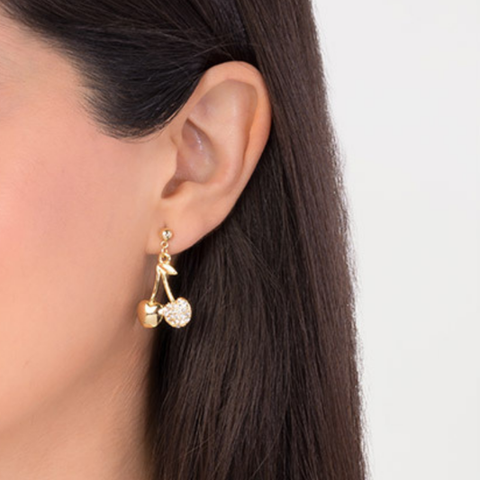 Aretes en baño de oro diseño de cereza con toque brillante