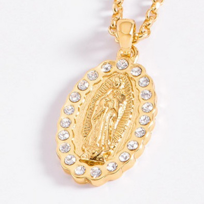 Collar medalla calada con Virgen de Guadalupe y piedras alrededor