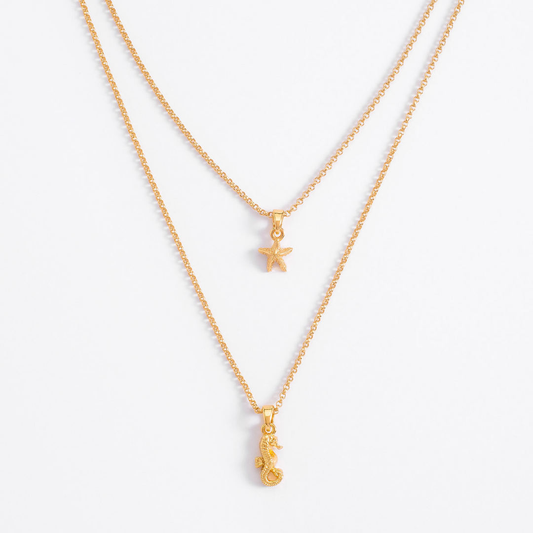 Collar doble cadena oro 18K estrella y caballito