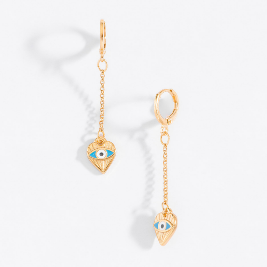 Aretes largos con corazón y ojo turco