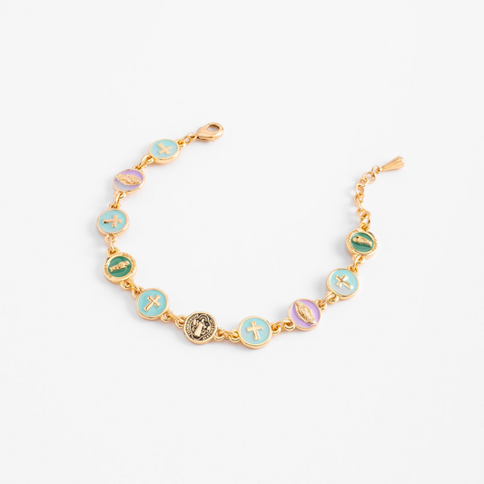 Pulsera con dijes religiosos esmaltados multicolor