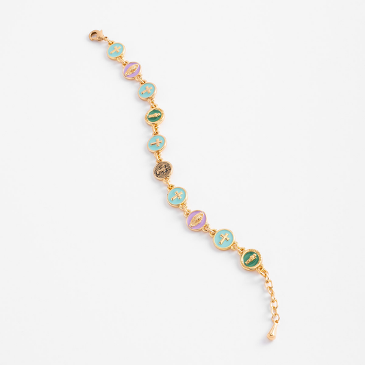 Pulsera con dijes religiosos esmaltados multicolor