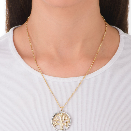 Collar de oro 18k con árbol de la vida y toque plateado