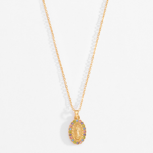 Collar con dije Virgen de Guadalupe y piedras de colores