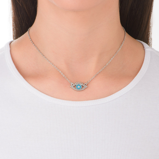 Collar baño platino ojo turco con esmalte azul y cristales