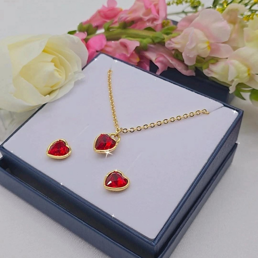 Set de collar y aretes Corazón con Cristal Rojo