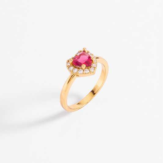 Anillo con cristal en forma de corazón fucsia