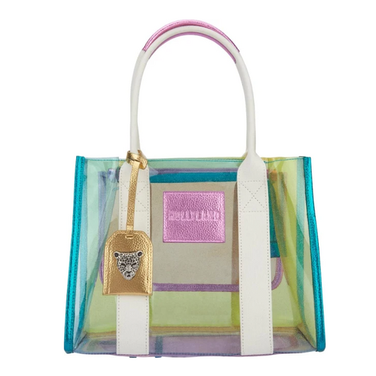 Bolsa Tote Transparente – Bolso de Hombro con Charm de Leopardo y Detalles Iridiscente