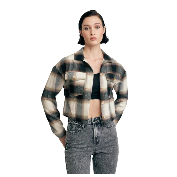 Camisa Corta de Franela a Cuadros "Shacket" en Tonalidades Neutras – Estilo Casual y de Moda