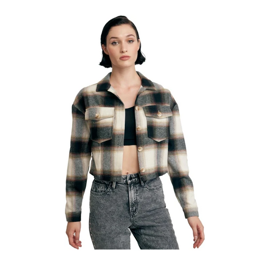Camisa Corta de Franela a Cuadros "Shacket" en Tonalidades Neutras – Estilo Casual y de Moda