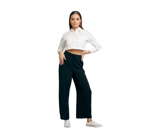 Pantalón Negro de Pierna Ancha con Cintura Elástica – Estilo Palazzo/Wide Leg Casual y Cómodo