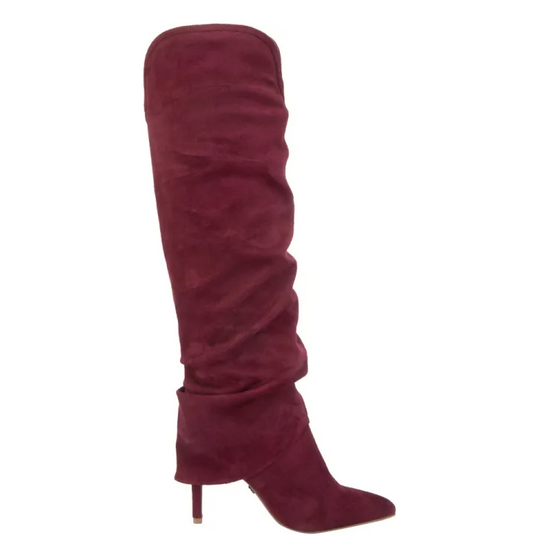 Botas Altas Over The Knee en Gamuza/Suede Color Vino con Tacón de Aguja – Estilo Chic y Elegante